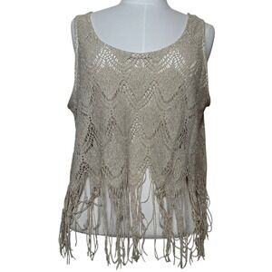 Womens Tan Crochet Fringe Sheer Tank Top Festival Coachella Boho Layering Xl
